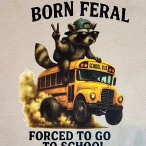 Kids Born Feral Graphic Tee with Raccoon and School Bus - cream